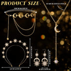 Glenmal 4 Pieces Celestial Jewelry Moon Stars Crown Necklaces and Body Chain Headband Drop Earrings for Women
