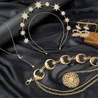Glenmal 4 Pieces Celestial Jewelry Moon Stars Crown Necklaces and Body Chain Headband Drop Earrings for Women