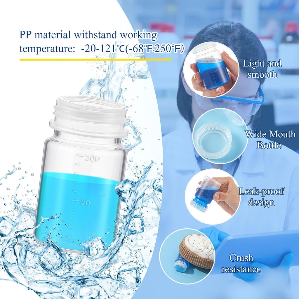 12 Pcs Plastic Sample Bottles with Screw Cap, Liquid Containers with Lid for Lab Reagent Sample Medicine Pill Water Storage, Travel Bottles(Clear,3oz 100ml,Wide Mouth-white Scale)