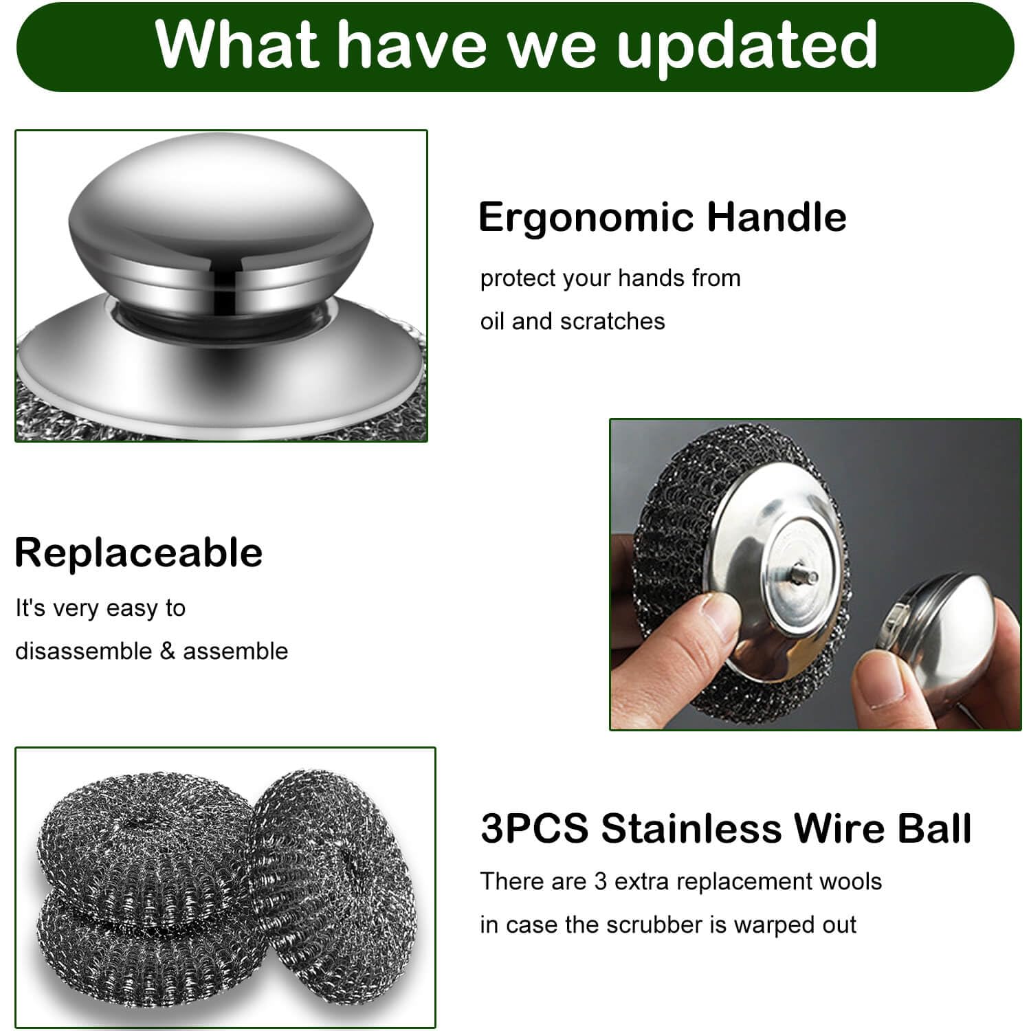 Steel Wool Scrubber with 2 Handles & 3 Replacement Wire Sponge(Scouring Pads) - Stainless Metal Cleaner Heavy Duty Brh for Pots, Pans, Cast Iron, Grill, Sink, Dishes, Stove, Kitchen Deep Clean
