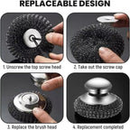 Steel Wool Scrubber with Handle, Upgrade Heavy Duty Stainless Steel Dish Scrubber for Cleaning Dishes, Iron Pots, Stoves, Kitchen Sink (2 pcs)