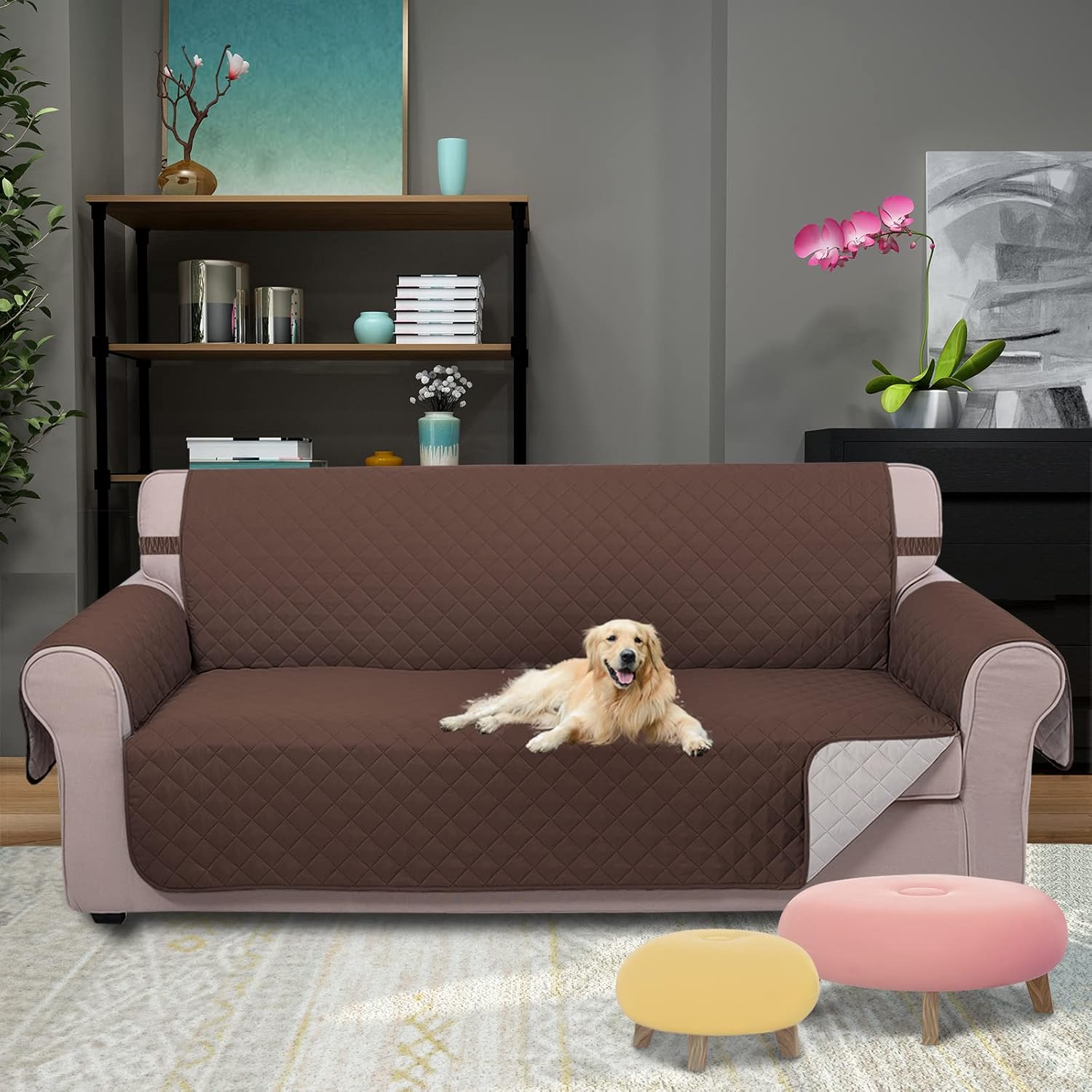 UNICE Home Reversible Sofa Cover Bundle Loveseat Cover(Sofa+Loveseat Small, Coffee)