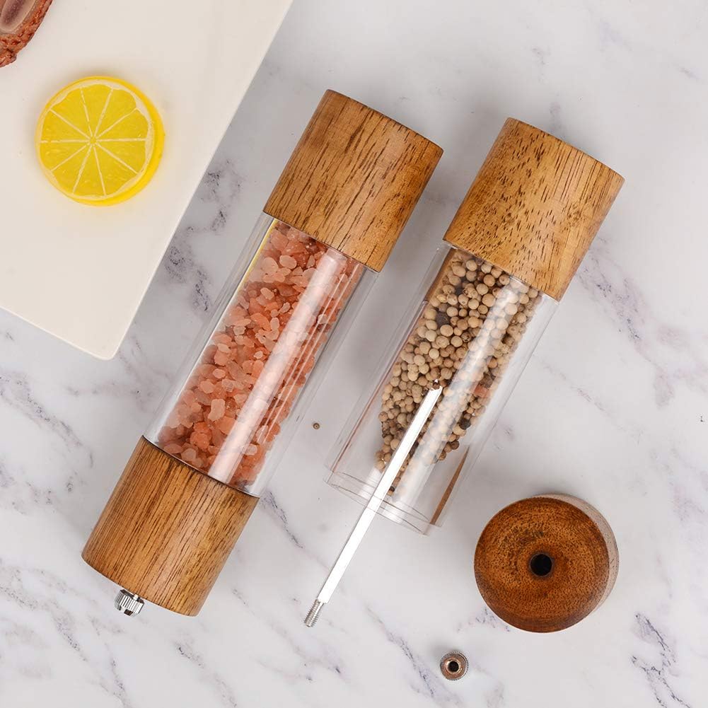 Premium Acrylic Salt and Pepper Grinder Set, Manual Salt and Pepper Mills- Wooden Shakers with Adjustable Ceramic Core-Salt Grinder and Pepper Mill -8 Inches-Pack of 2
