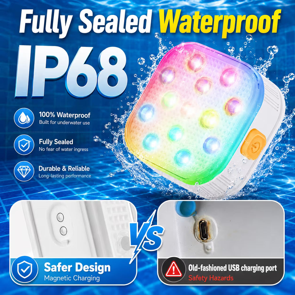 Rechargeable Magnetic Pool Light - IP68 Waterproof Underwater LED Light with Remote Control - 16 Colors 2600mAh Battery for Above Ground Inground Pools - 2 Pack
