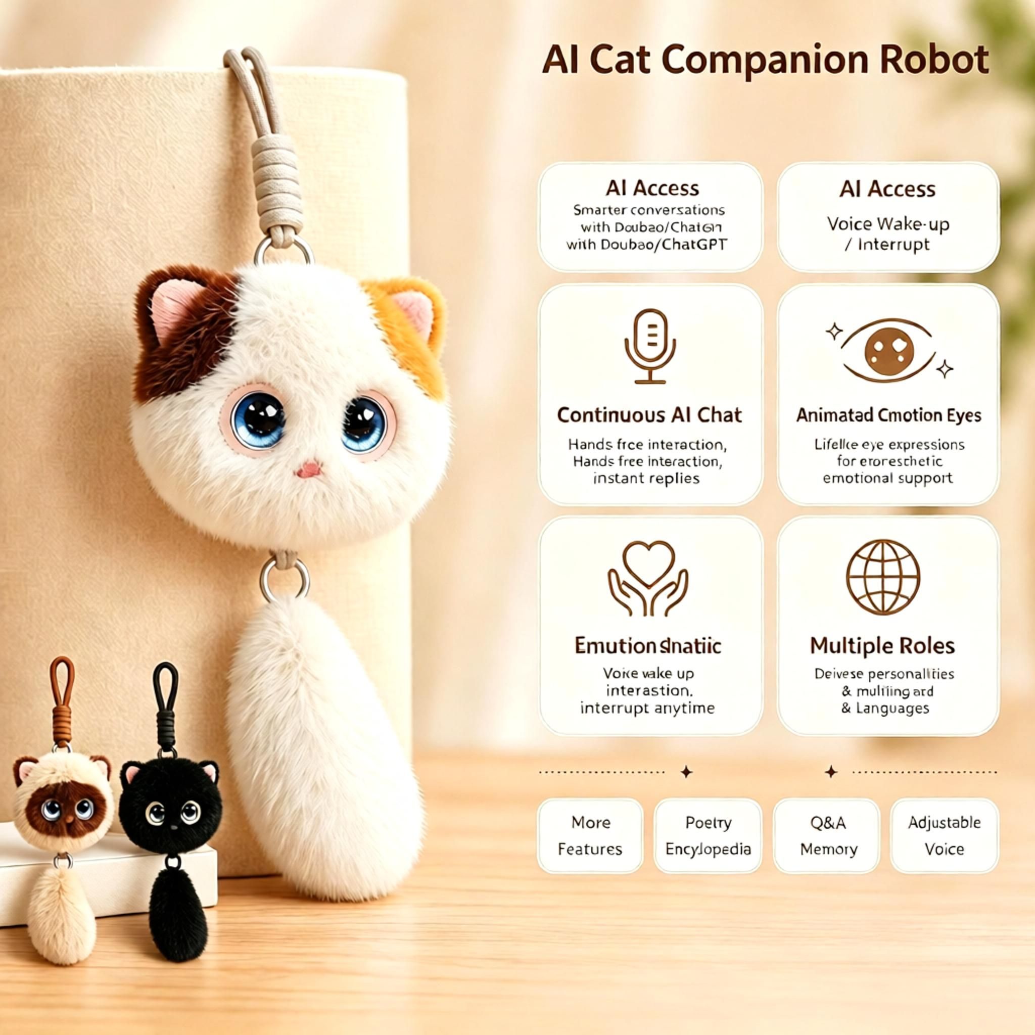AI Cat Companion Robot - Interactive Emotional Support Pet with 40+ Languages Voice Cloning Long-term Memory - Touch Sensitive Smart Toy for Kids Adults - Siamese Cat