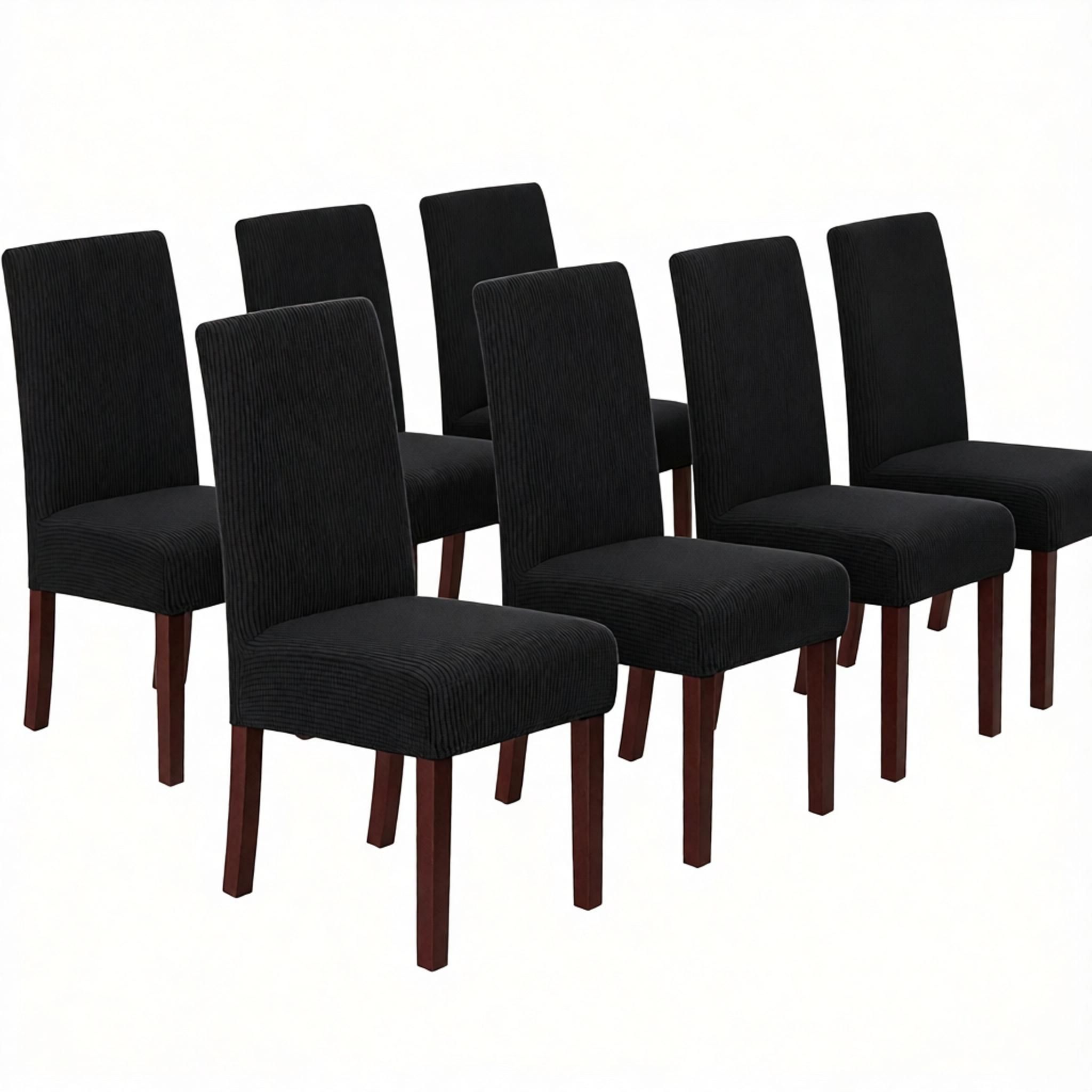 Stretch Full Cover Chair Cover 6-Pack - Waterproof Anti-Slip Elastic Seat Protector for Dining Room Hotel - Thick Warm Waffle Texture - Black (6-Pack)