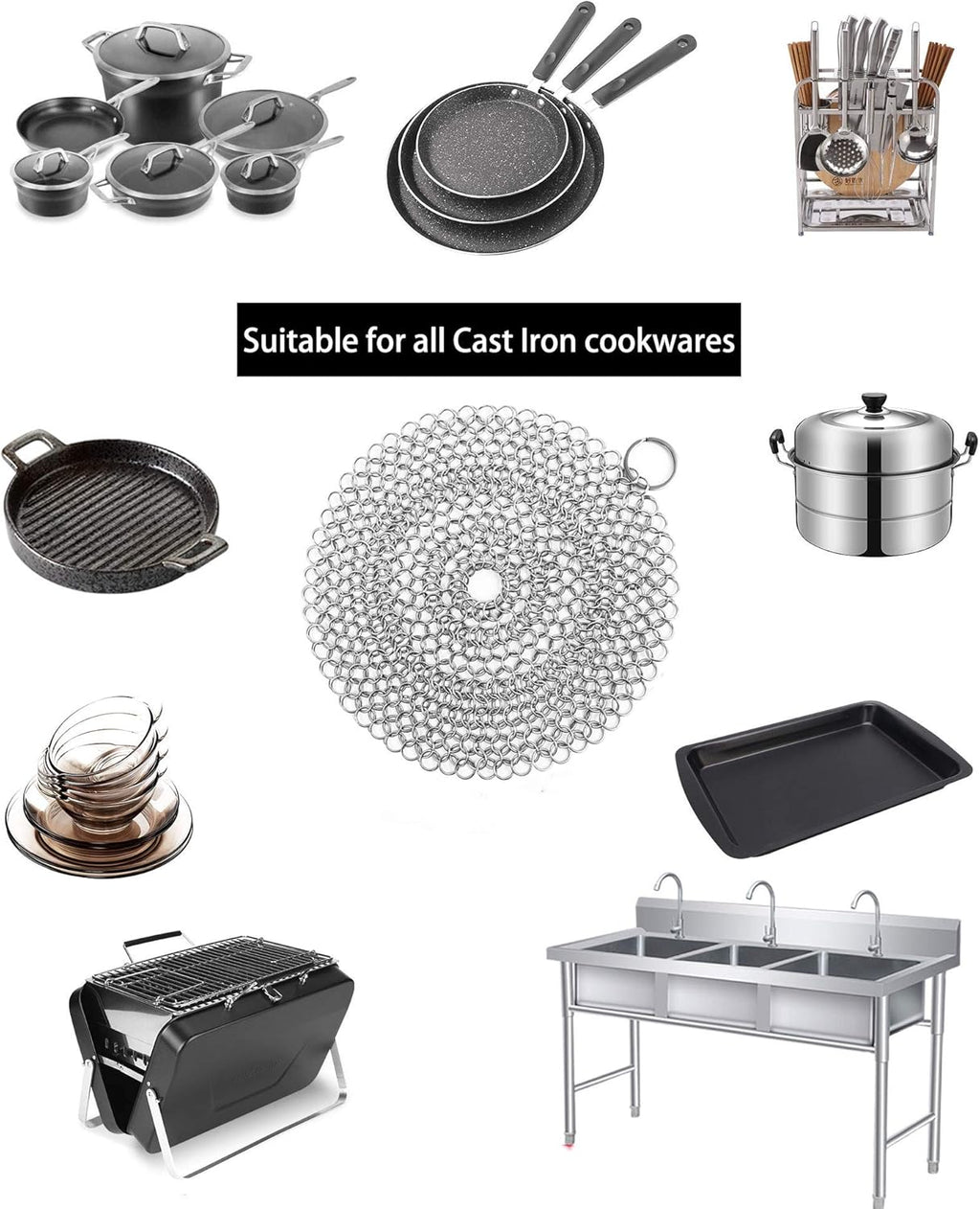 Cast Iron Cleaner, 2 Pack Stainless Steel Chainmail Scrubber for Cast Iron Pan Pot Skillet Brush Scraper Scrub Cleaner (7IN& 5IN Round).