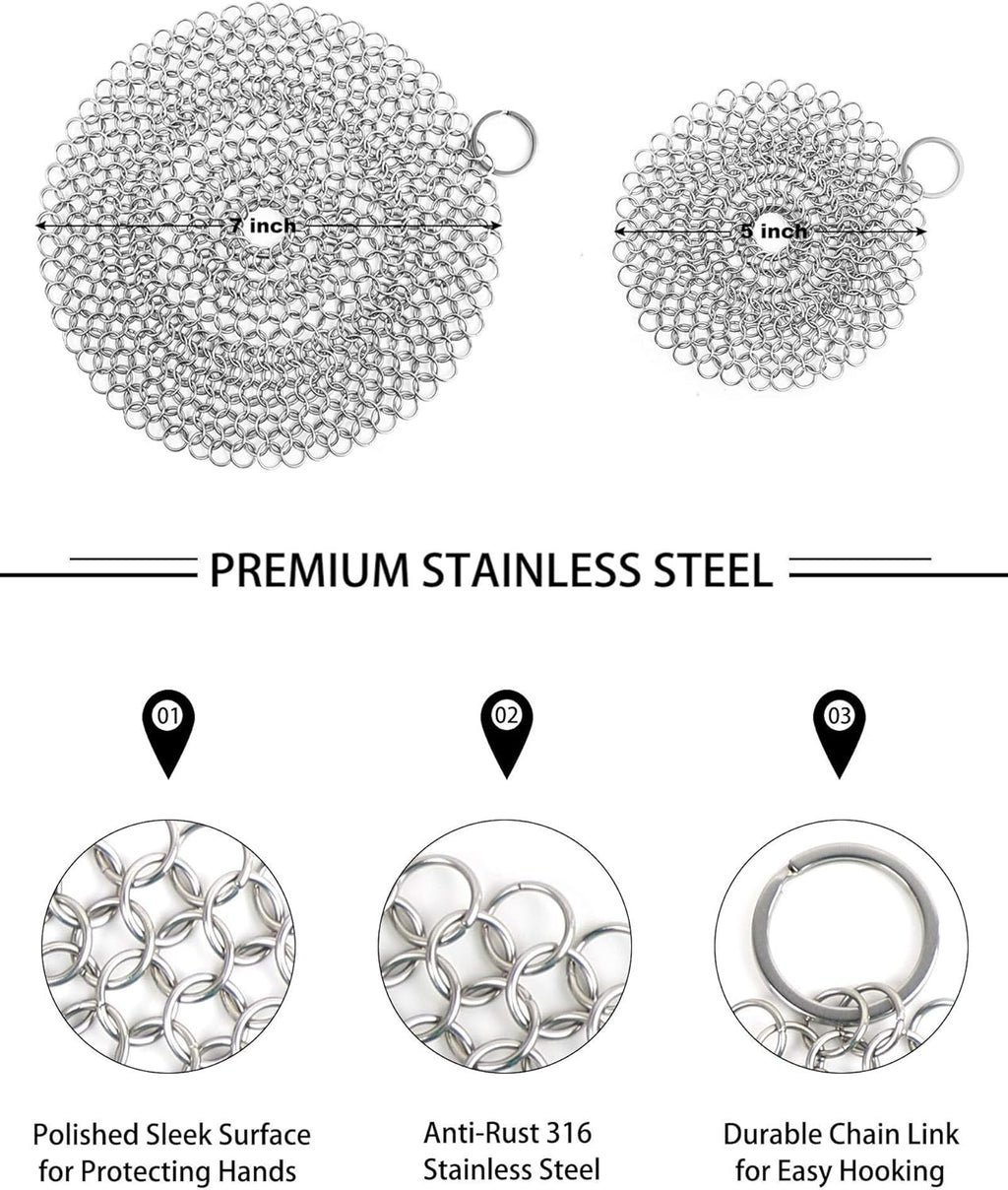 Cast Iron Cleaner, 2 Pack Stainless Steel Chainmail Scrubber for Cast Iron Pan Pot Skillet Brush Scraper Scrub Cleaner (7IN& 5IN Round).