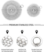 Cast Iron Cleaner, 2 Pack Stainless Steel Chainmail Scrubber for Cast Iron Pan Pot Skillet Brush Scraper Scrub Cleaner (7IN& 5IN Round).