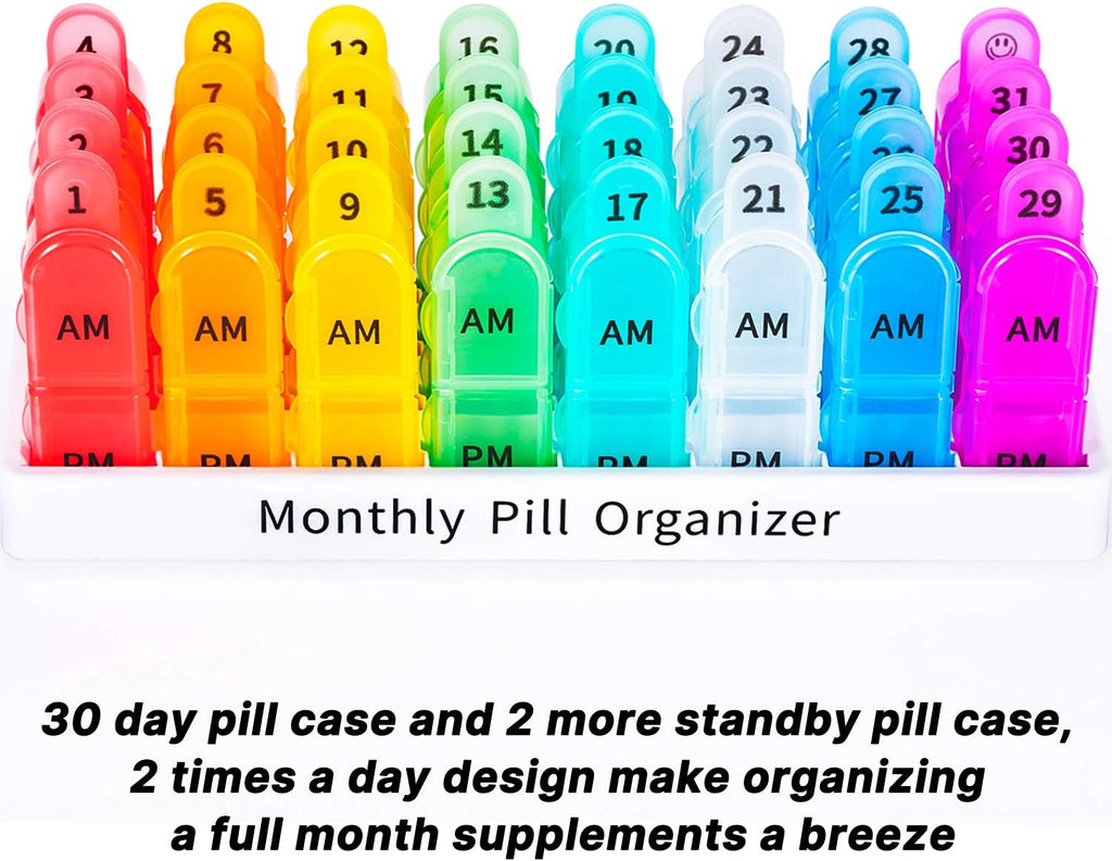 Monthly Pill Organizer 2 Times a Day - 30 Day Pill Box AM PM, BPA Free One Month Medicine Organizer Twice Daily, 31-Day Case to Hold Vitamins, Supplements & Medication
