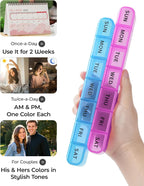 2 Pack Weekly Pill Organizer, Large 7 Day Pill Box, BPA-Free Travel Medicine Case, Easy Open & Secure Close, Portable Pill Holder for Vitamins, Supplements & Medications - Blue&Purple