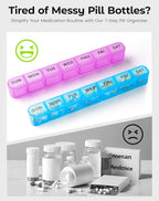 2 Pack Weekly Pill Organizer, Large 7 Day Pill Box, BPA-Free Travel Medicine Case, Easy Open & Secure Close, Portable Pill Holder for Vitamins, Supplements & Medications - Blue&Purple