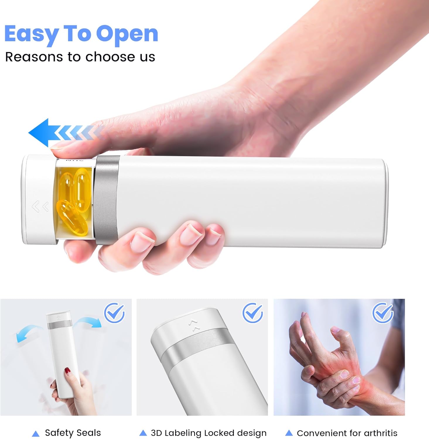 7-Day Pill Organizer, Travel Pill Case with Easy-to-Use Design, Large-Capacity Vitamin Box, Portable Drawer Medication Organizer for Once-a-Day Vitamins, Pills, and Supplements (White)