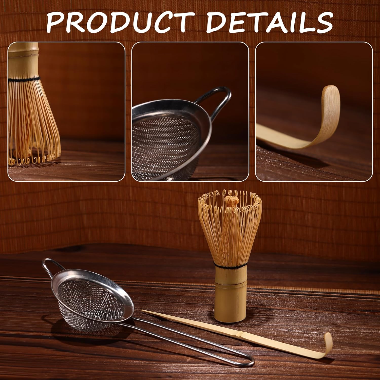 Matcha Whisk Set,Bamboo Matcha Whisk Set,Bamboo Matcha Whisk (Chasen),Traditional Scoop (Chashaku),Stainless Steel Sifter,Japanese Tea Tools for Ceremony