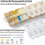NEW Foldable & Double Protection Portable Weekly Pill Organizer 2 Times A Day with Etched Labels, AM PM 7 Week Medicine Box, Daily Travel Case Holder Dispenser for Vitamin, Supplement - Khaki