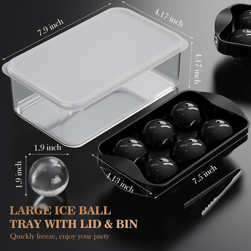 Whiskey Ice Cubes Mold 2 Pack - Round Cube & Ball Maker Set with Storage Bin, Trays Lid, Tongs for Bourbon Cocktails, Gifts Lover
