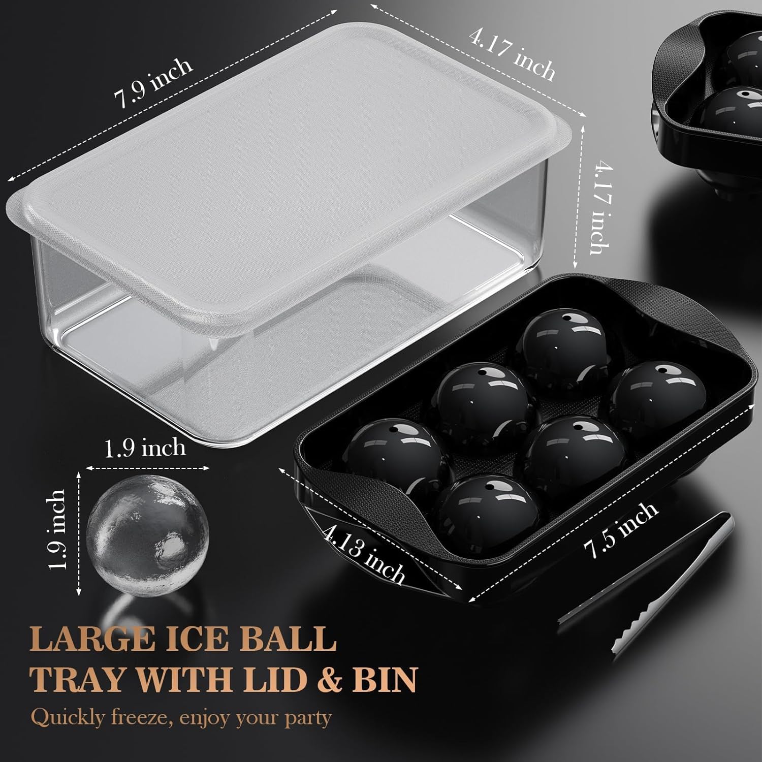 Whiskey Ice Cubes Mold 2 Pack - Round Cube & Ball Maker Set with Storage Bin, Trays Lid, Tongs for Bourbon Cocktails, Gifts Lover