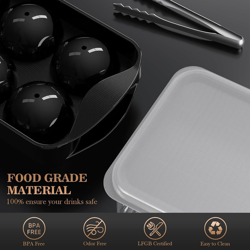 Whiskey Ice Cubes Mold 2 Pack - Round Cube & Ball Maker Set with Storage Bin, Trays Lid, Tongs for Bourbon Cocktails, Gifts Lover