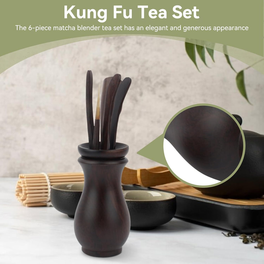 Chinese Gongfu Wooden Tea Ceremony Utensil Tools Set, 6PCS Kungfu Set Asian Teaware Kit for Traditional Brewing