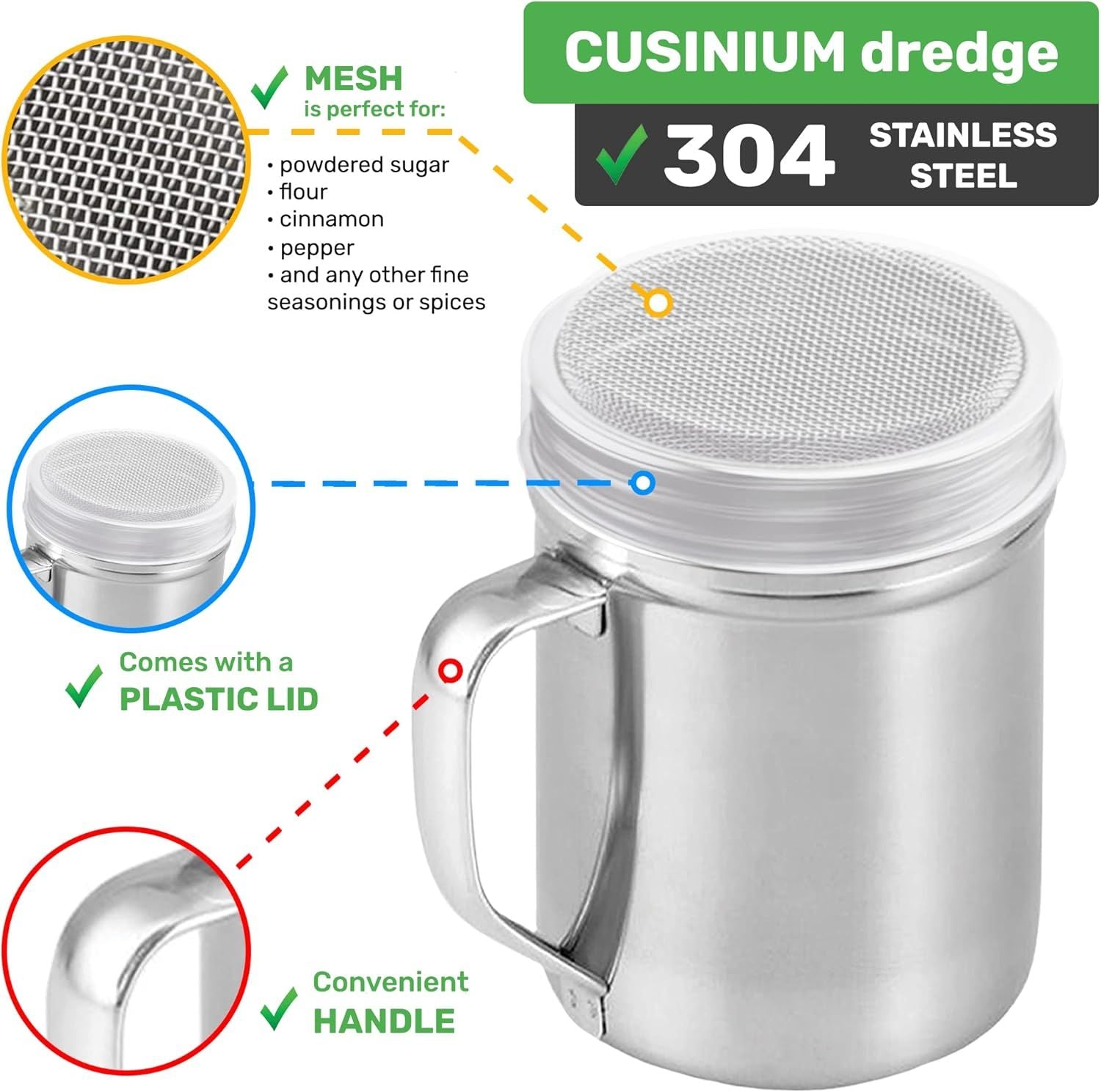 Powdered Sugar Shaker Duster - With Handle - Cinnamon Shaker or Coee Bar - ine Mesh Dredge - 6 ounce, pack o 2 | Style: ine