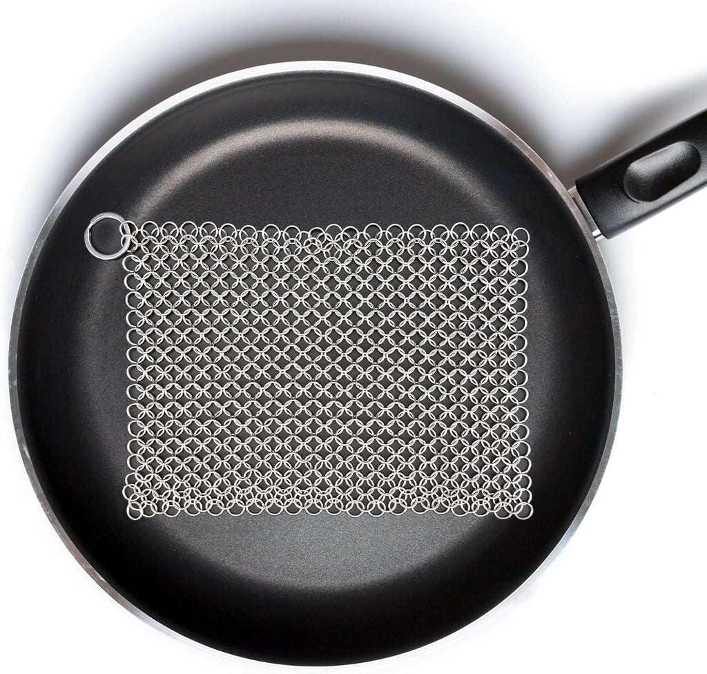 Cast Iron Cleaner 8"x6" 316L Stainless Steel Chainmail Scrubber Scraper Chain Mail Link Scrub for Pans, Griddles and BBQ Grills Cleaning