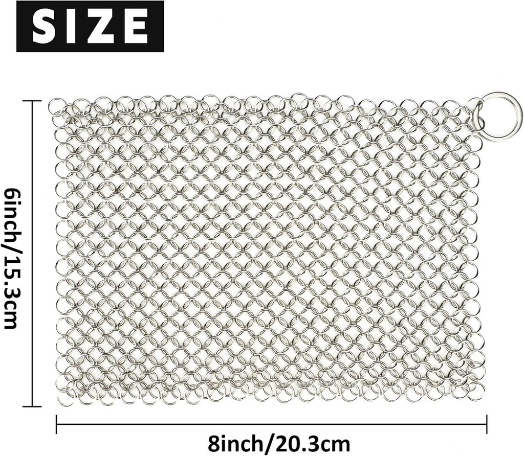 Cast Iron Cleaner 8"x6" 316L Stainless Steel Chainmail Scrubber Scraper Chain Mail Link Scrub for Pans, Griddles and BBQ Grills Cleaning