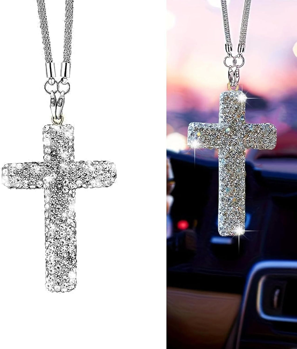 Car Hanging Ornament, Bling Cross Faith Pendant, Rhinestones-Embedded Rust-Proof Hip Hop Rearview Mirror Decoration Charm, Universal Personality Interior Accessory for Most Cars (Silver)
