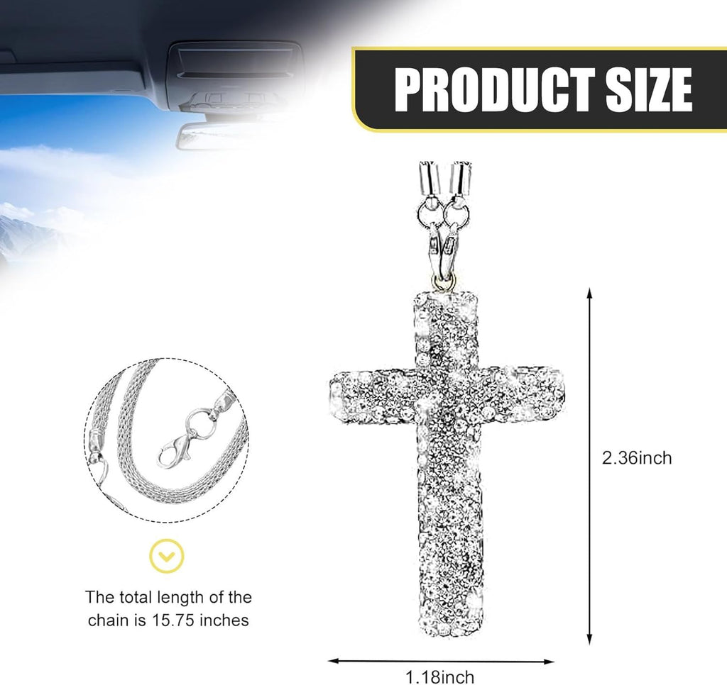 Car Hanging Ornament, Bling Cross Faith Pendant, Rhinestones-Embedded Rust-Proof Hip Hop Rearview Mirror Decoration Charm, Universal Personality Interior Accessory for Most Cars (Silver)