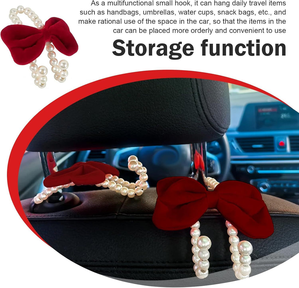 2 PCS Bow Car Headrest Hooks, Fluffy Bow & Elegant Pearl Decorative Hanger, Multifunction Hanging Purse Hook & Phone Stand, Portable Front Seat Organizer for Women Girls (Red)