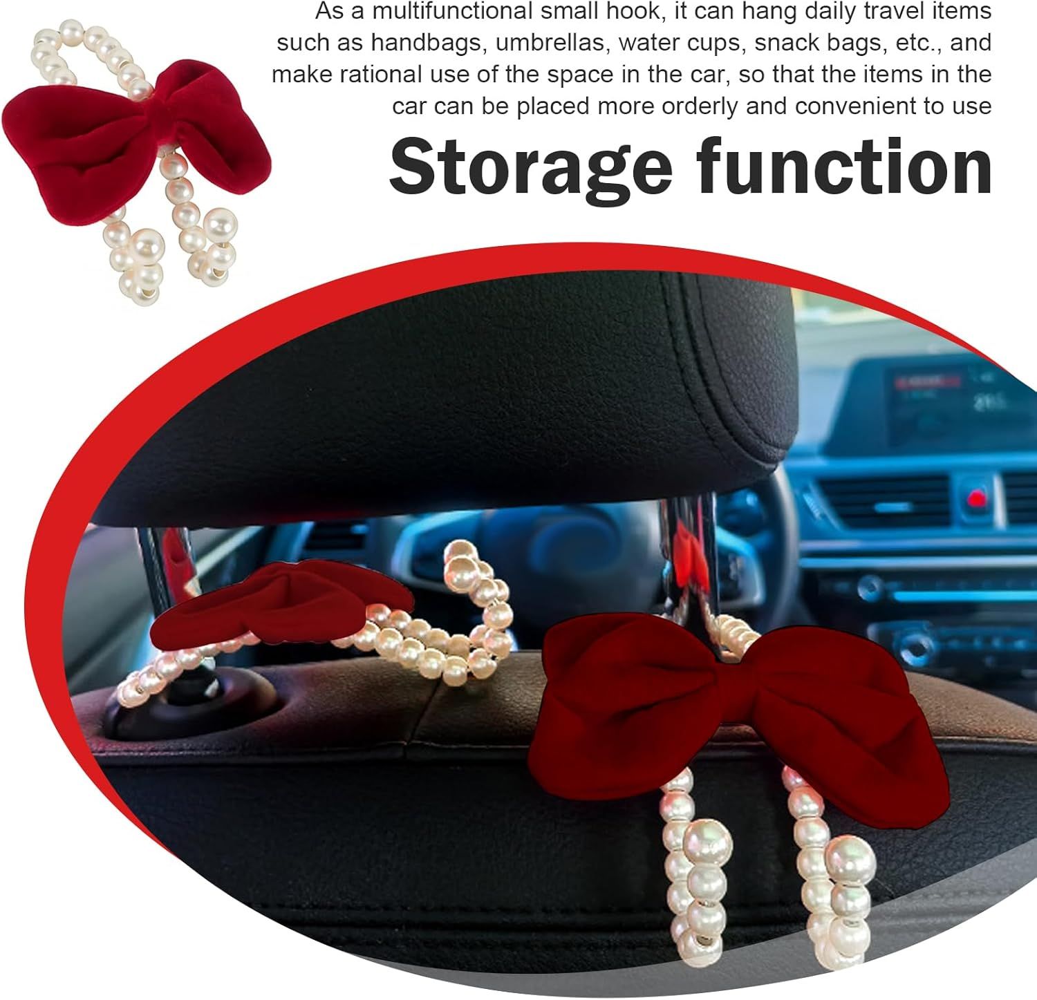 2 PCS Bow Car Headrest Hooks, Fluffy Bow & Elegant Pearl Decorative Hanger, Multifunction Hanging Purse Hook & Phone Stand, Portable Front Seat Organizer for Women Girls (Red)