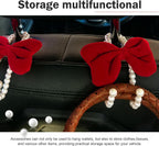 2 PCS Bow Car Headrest Hooks, Fluffy Bow & Elegant Pearl Decorative Hanger, Multifunction Hanging Purse Hook & Phone Stand, Portable Front Seat Organizer for Women Girls (Red)