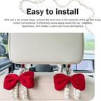 2 PCS Bow Car Headrest Hooks, Fluffy Bow & Elegant Pearl Decorative Hanger, Multifunction Hanging Purse Hook & Phone Stand, Portable Front Seat Organizer for Women Girls (Red)