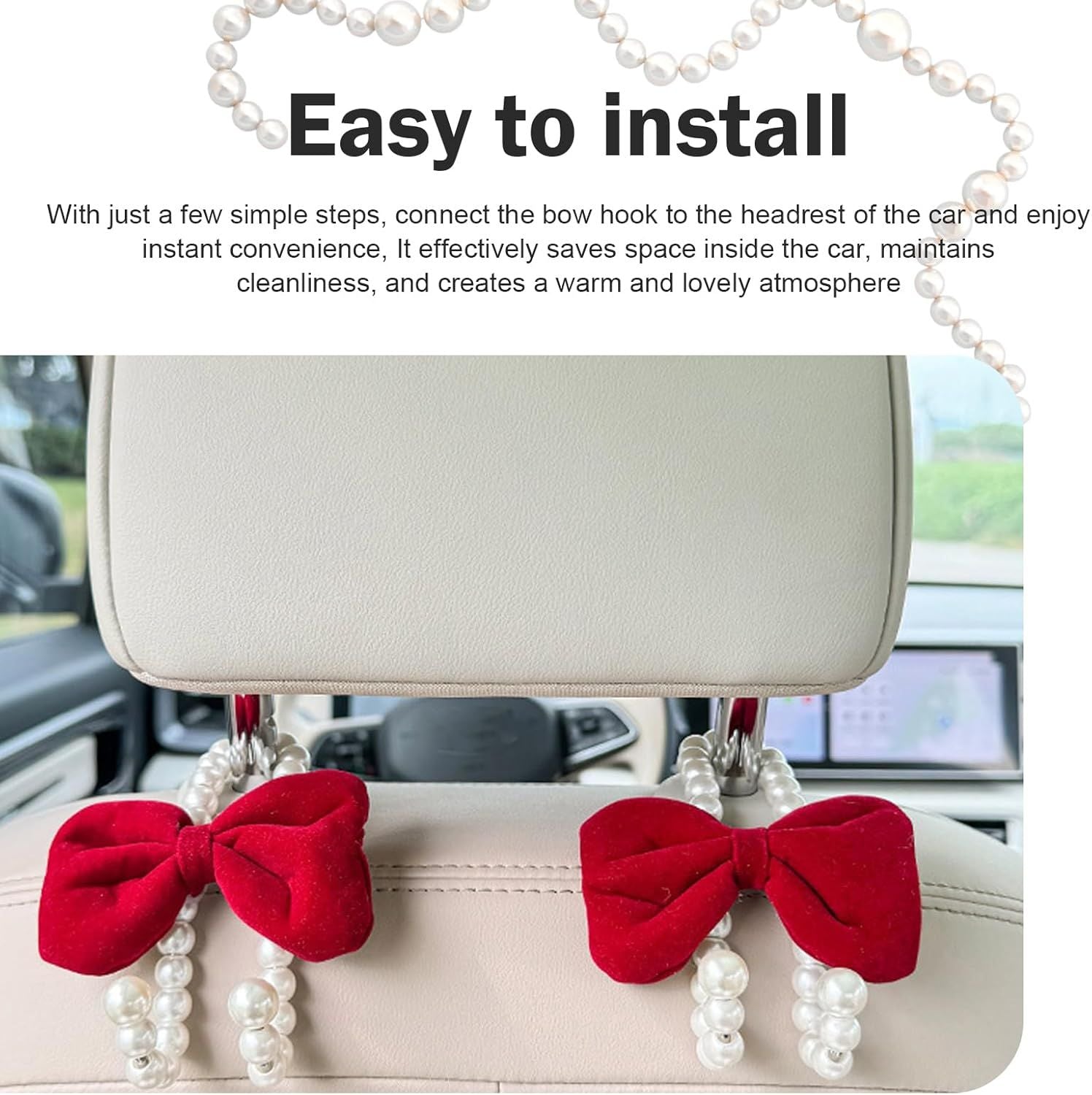 2 PCS Bow Car Headrest Hooks, Fluffy Bow & Elegant Pearl Decorative Hanger, Multifunction Hanging Purse Hook & Phone Stand, Portable Front Seat Organizer for Women Girls (Red)