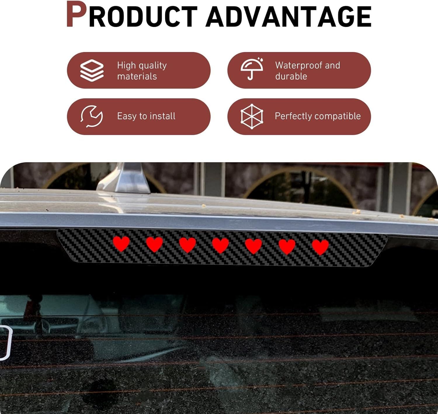Car Third Brake Light Decal, Cute Hollow Out Love High Mount Stop Light Sticker, Waterproof Self-adhesive Taillight Overlay, Universal Decorative Part for Car SUV Truck (Carbon Fiber Black)