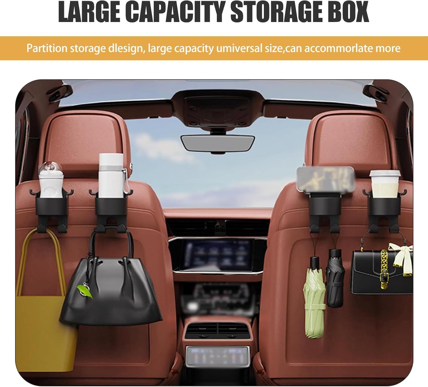 2 PCS Car Seat Back Hooks, 3-in-1 Cup Phone Holder and Storage Double Hooks for Key Umbrella Bag Hat, Strong Load Bearing Anti-Shake Layered Mount, Universal Hanging Interior for Cars (Black)