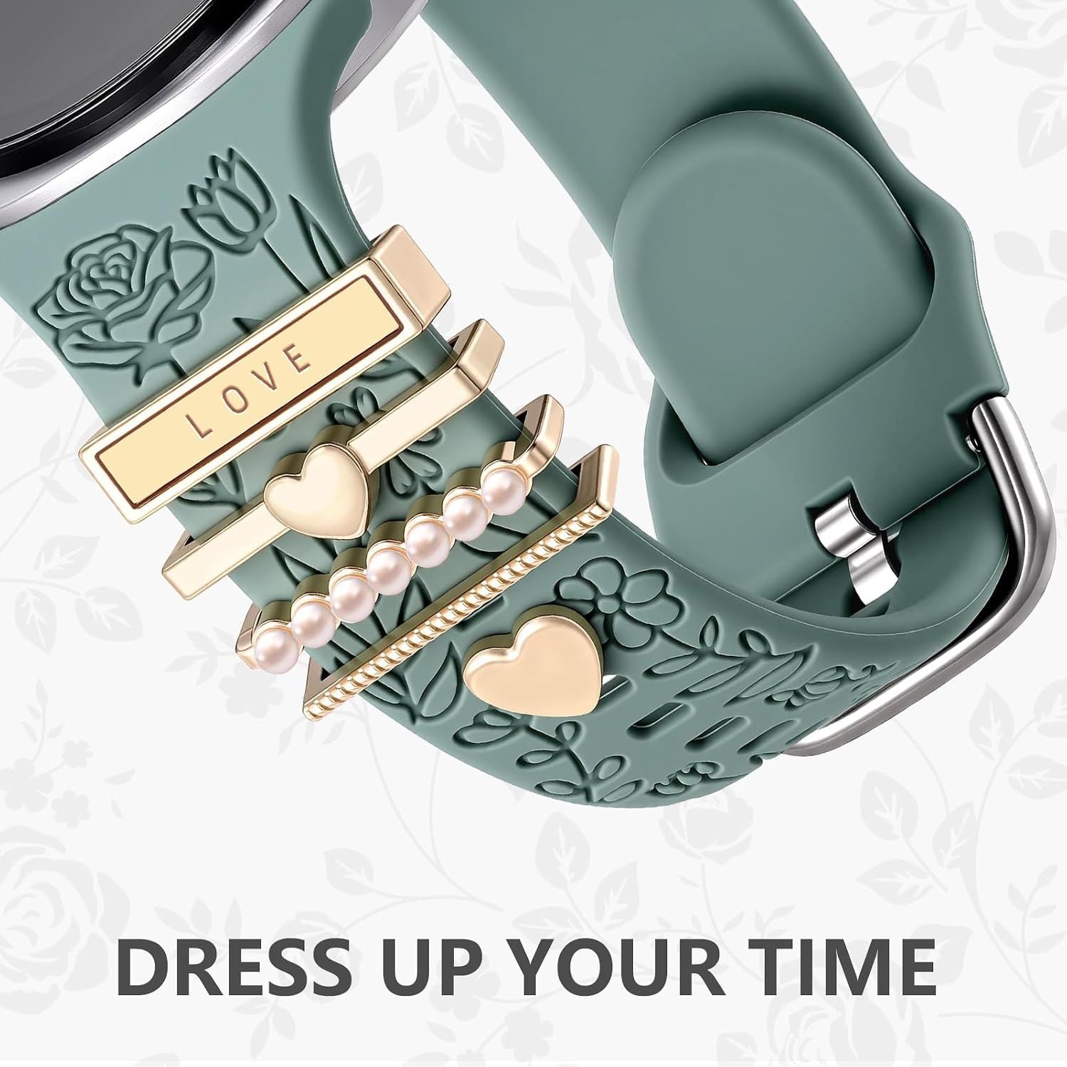 Flower Engraved Bands Compatible with Samsung Galaxy Watch 8 Band 40mm 44mm/Galaxy Watch 8 Classic 46mm, Soft Silicone Replacement Strap with Fancy Decorative Charms Accessories for Women