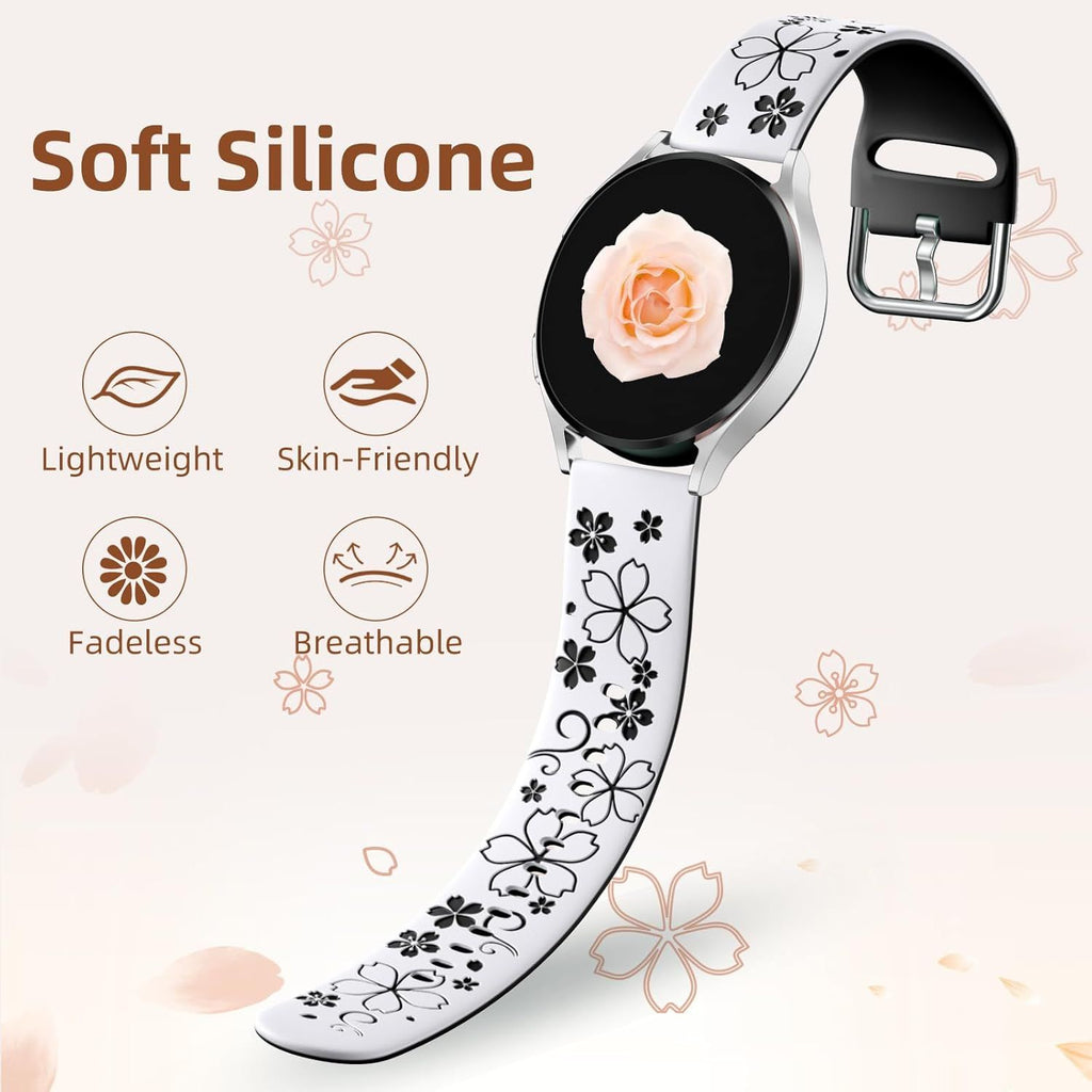 Floral Engraved Band-Compatible with Samsung Galaxy Watch 7 Band 6 4 5 40mm 44mm/5 Pro/6 4 Classic/Active 2, 20mm Cute Two-Tone Flower Soft Silicone Sport Strap for Samsung Watch Bands Women Men