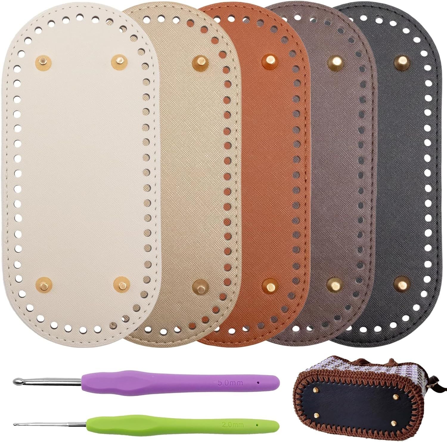 5 PCS Bag Bases 8.6" x 3.9" Purse Bottoms for Crochet Bags with 2 PCS Crochet Hook 5 Colors Leather Purse Bottoms for DIY Bags Making Supplies Kit Knitting