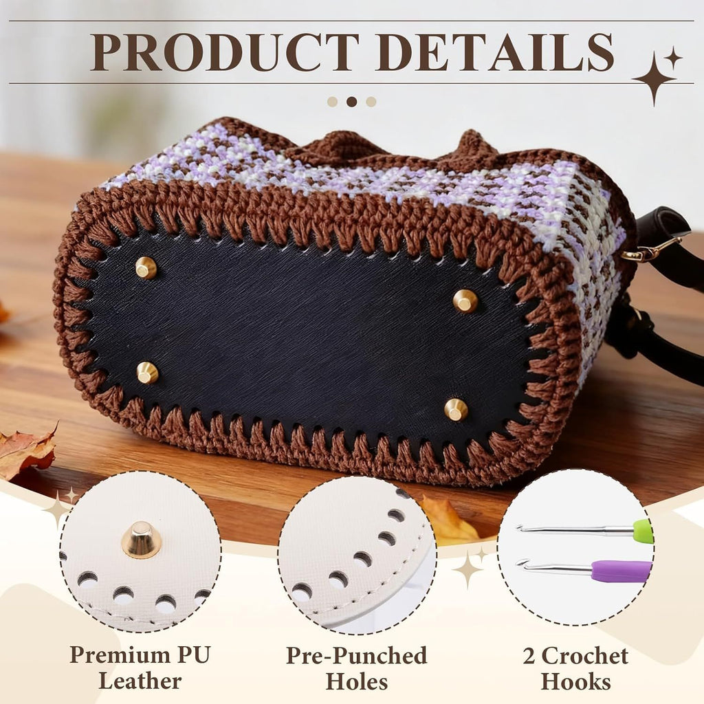 5 PCS Bag Bases 8.6" x 3.9" Purse Bottoms for Crochet Bags with 2 PCS Crochet Hook 5 Colors Leather Purse Bottoms for DIY Bags Making Supplies Kit Knitting