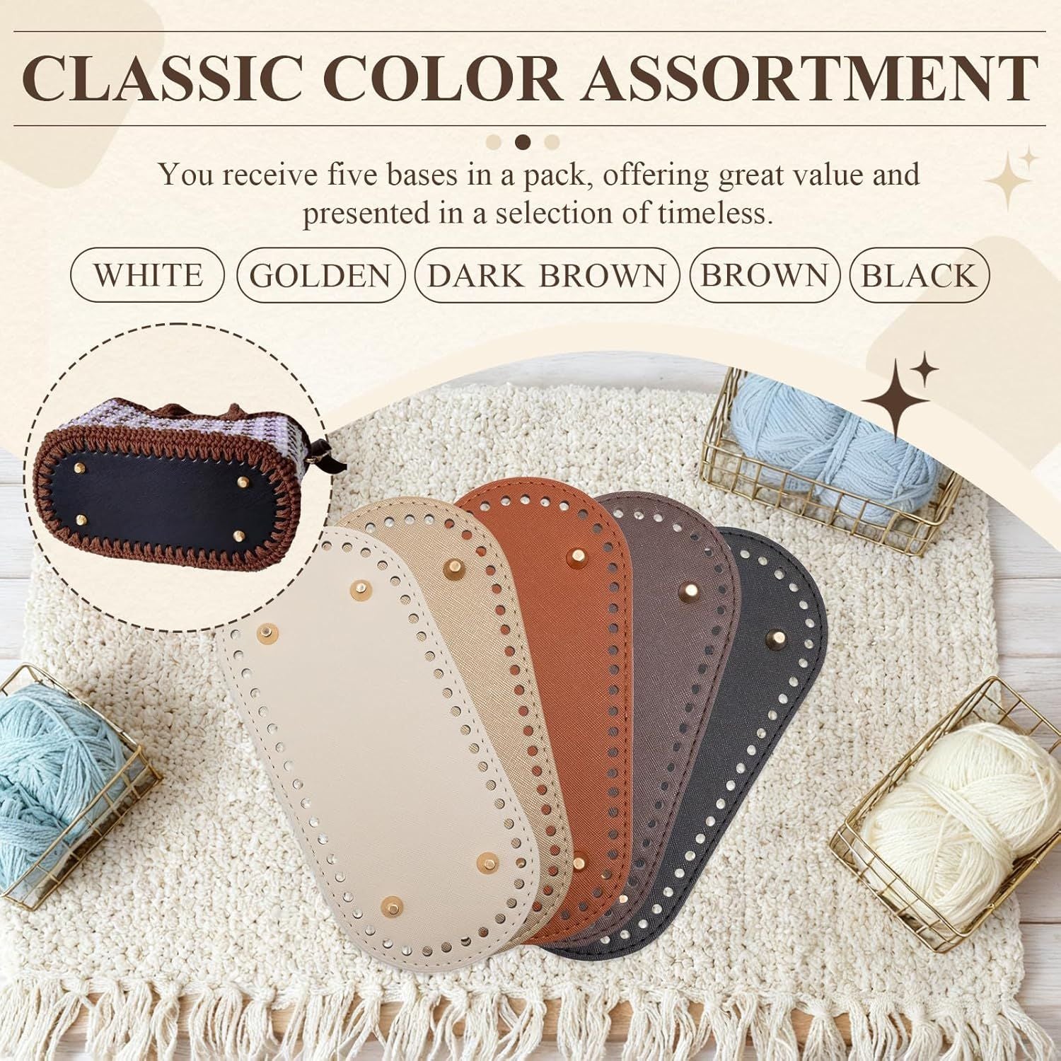 5 PCS Bag Bases 8.6" x 3.9" Purse Bottoms for Crochet Bags with 2 PCS Crochet Hook 5 Colors Leather Purse Bottoms for DIY Bags Making Supplies Kit Knitting