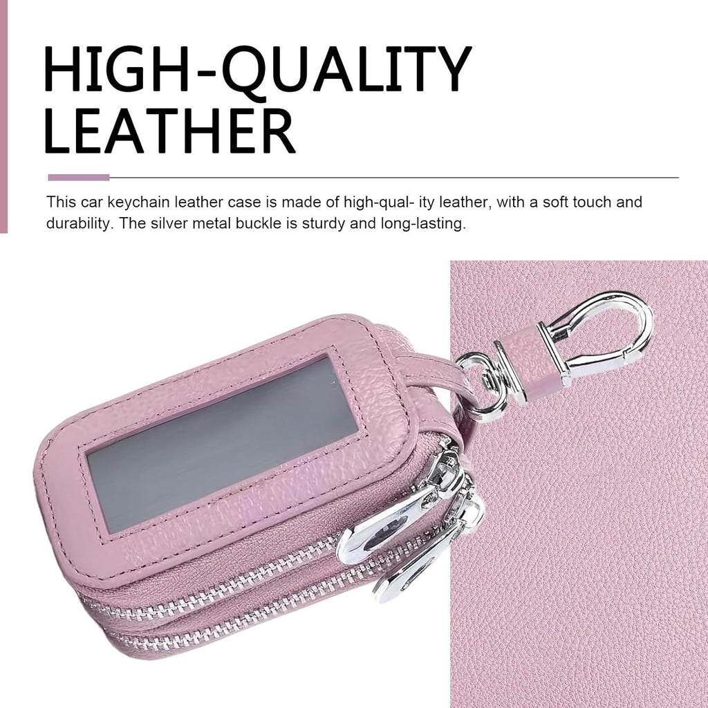Car Key Fob Case, Double-layer Remote Key Storage Bag with Zipper Closure and Lanyard, for Men Women (Pink)