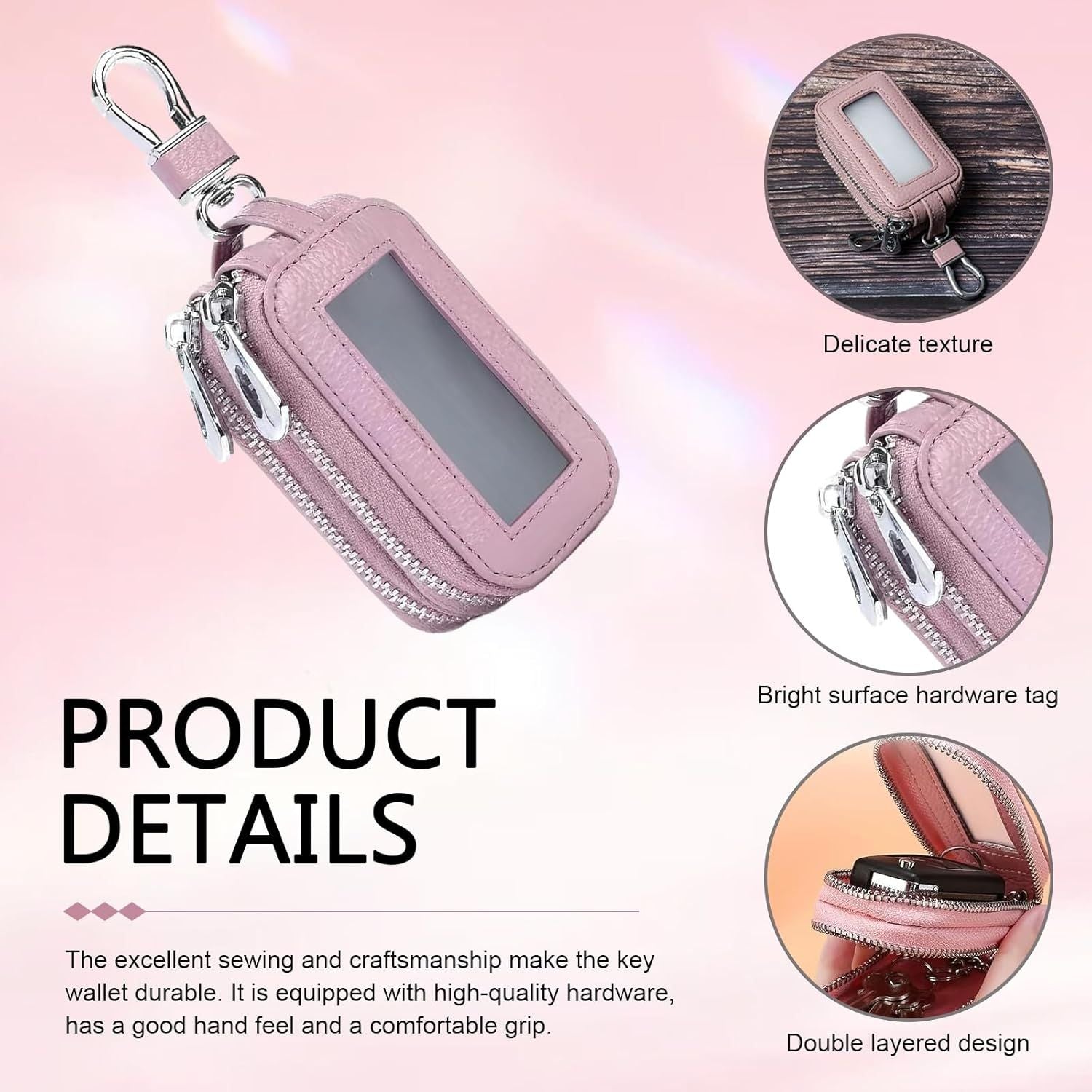 Car Key Fob Case, Double-layer Remote Key Storage Bag with Zipper Closure and Lanyard, for Men Women (Pink)