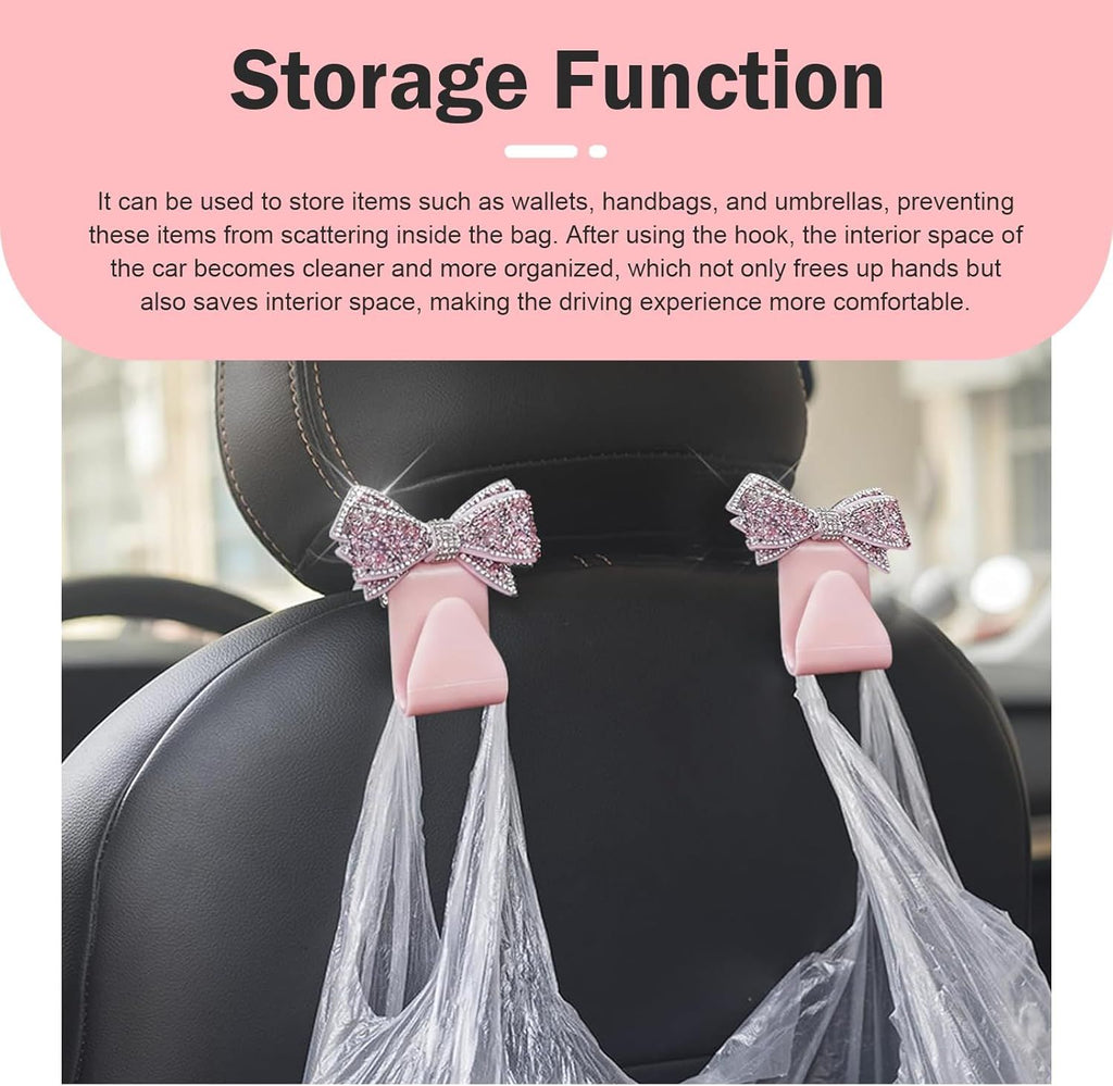 2 PCS Car Bling Seat Headrest Hooks, 3D Butterfly Bow Rhinestone Decoration Hook, Multi-function Storage Hanger for Purses and Bags, Cute Organizer for Car Rear Seat (Pink)