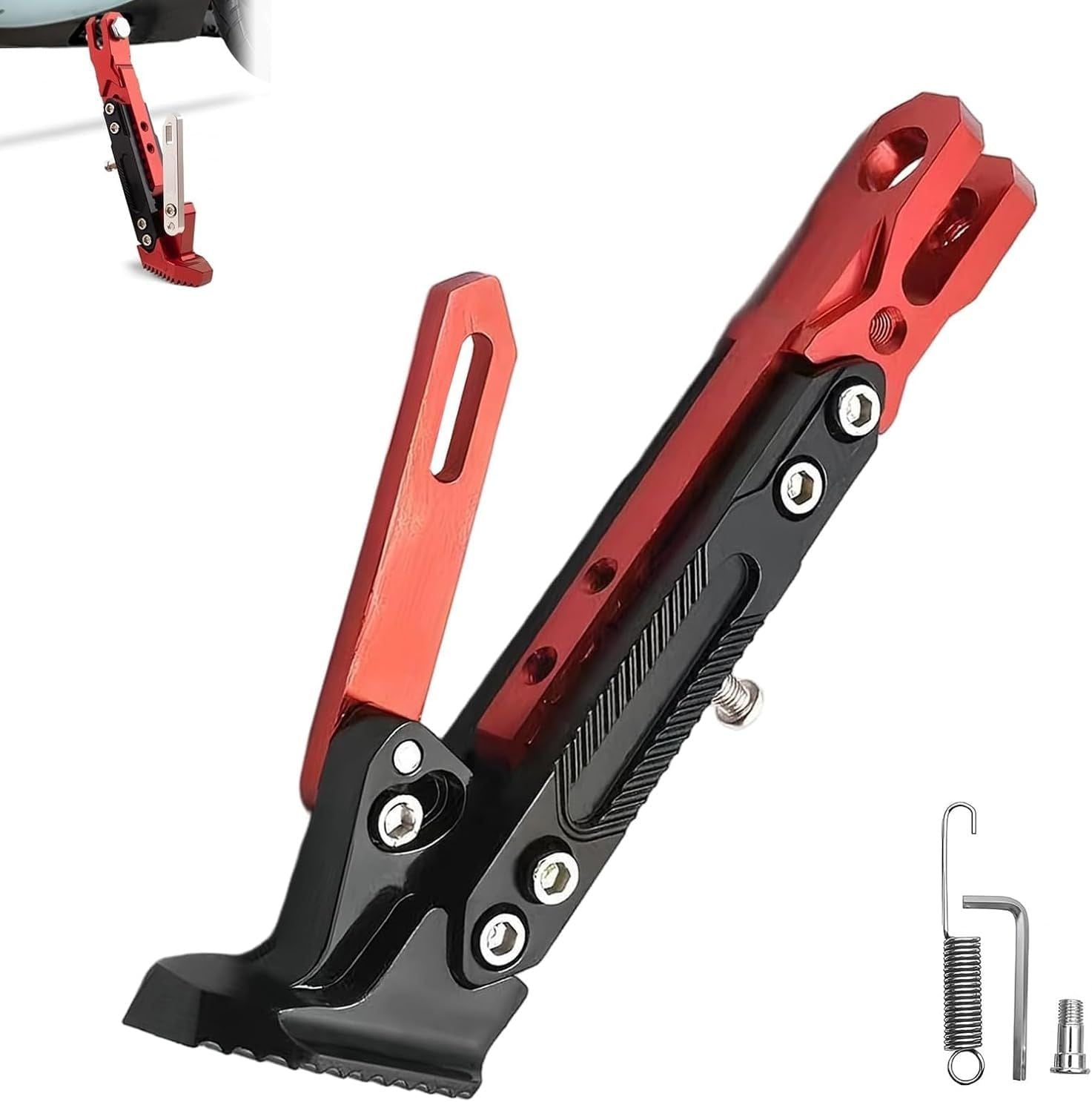 Motorcycle Kickstand, Anti-slip Height Adjustable Side Stand, Cool Anti-rust Modified Parking Foot Support, Universal Exterior Accessory for Scooter E-bike Motorbike Motocross (Red)