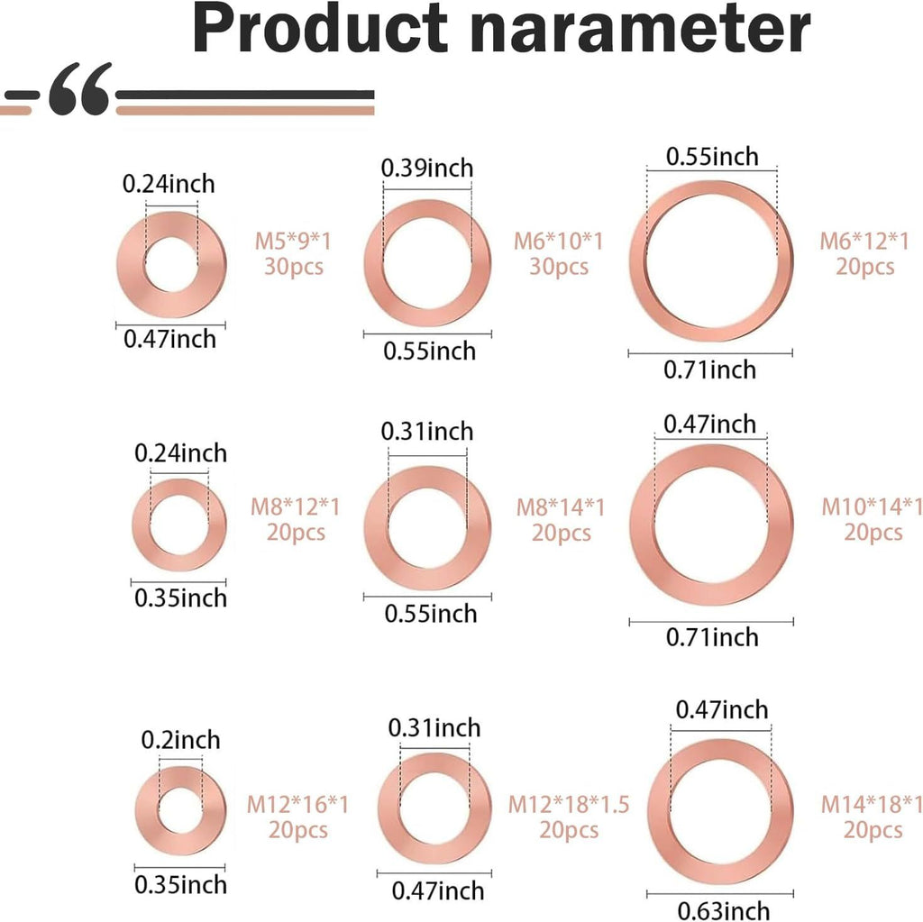 200 PCS Car Copper Crush Metric Washers Assortment Kit, 9 Sizes Flat Sealing Gasket Set, Anti-Leak Heat Resistant Oil Pan Washers, Replacement for Cars Motorcycles (Gold)