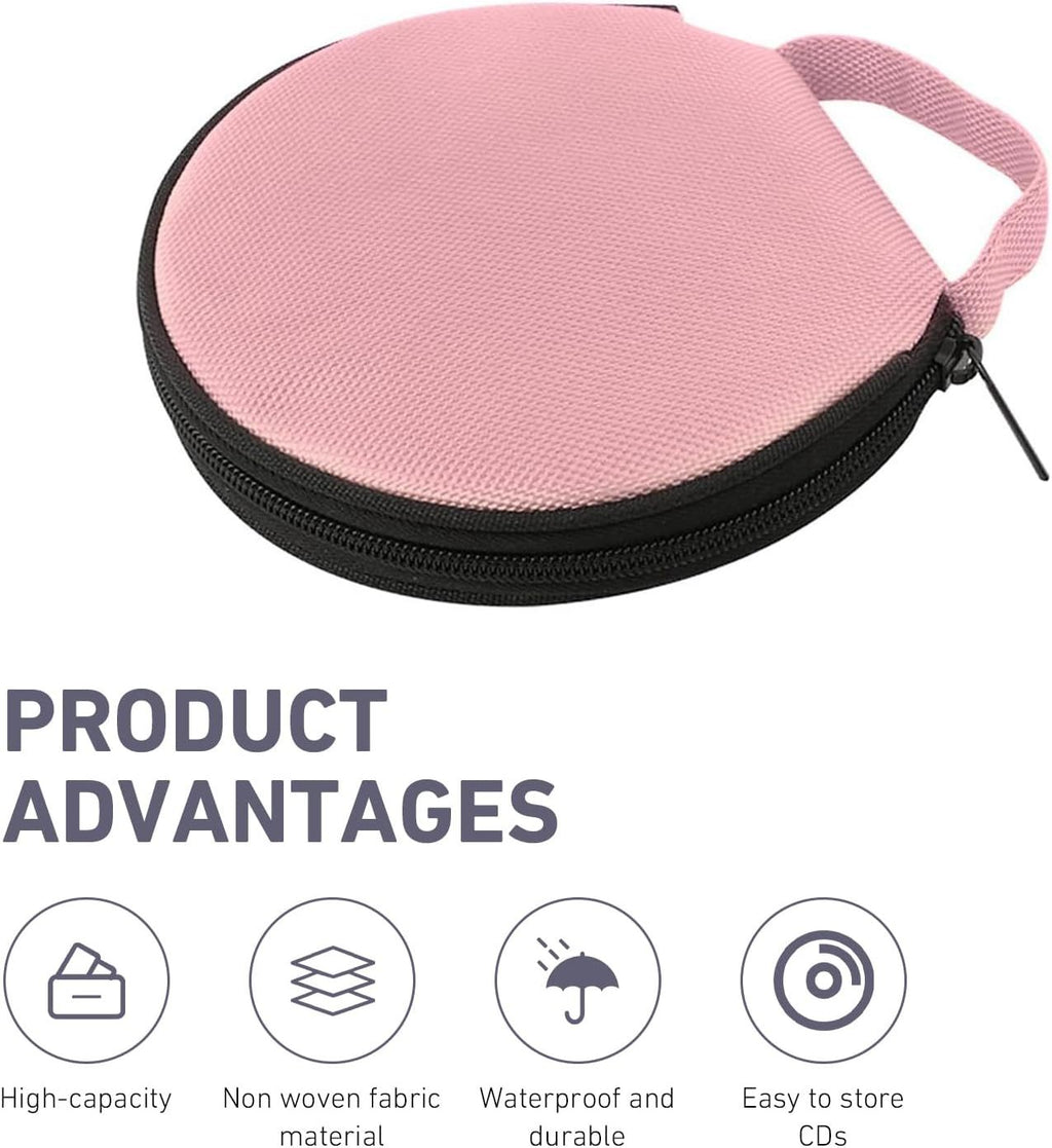 Car CD Case, 20-capacity Oxford Fabric Round Disc Organizer with Reinforced Handle, Waterproof DVD Storage Bag with Transparent Sleeves, Universal Portable CD Organizer for Car Home (Pink)