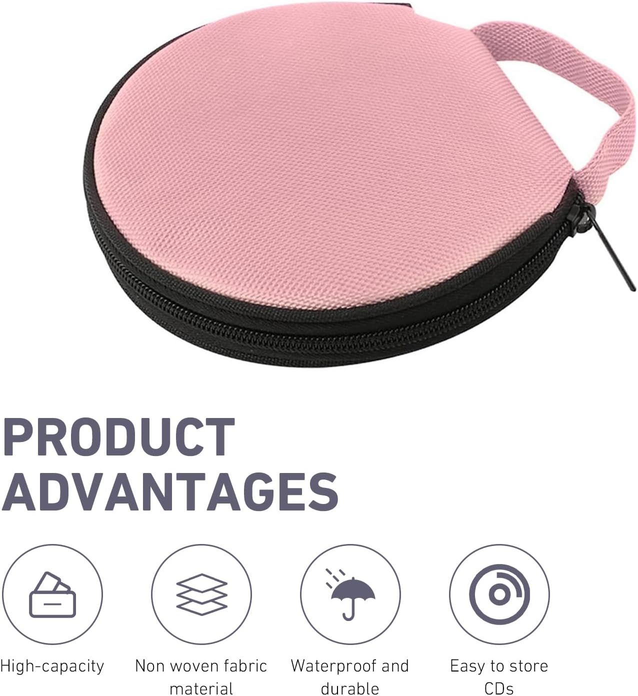 Car CD Case, 20-capacity Oxford Fabric Round Disc Organizer with Reinforced Handle, Waterproof DVD Storage Bag with Transparent Sleeves, Universal Portable CD Organizer for Car Home (Pink)