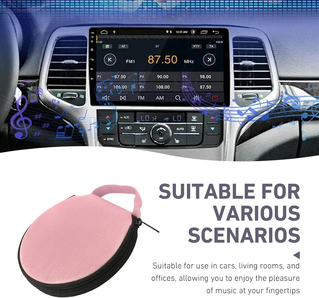 Car CD Case, 20-capacity Oxford Fabric Round Disc Organizer with Reinforced Handle, Waterproof DVD Storage Bag with Transparent Sleeves, Universal Portable CD Organizer for Car Home (Pink)