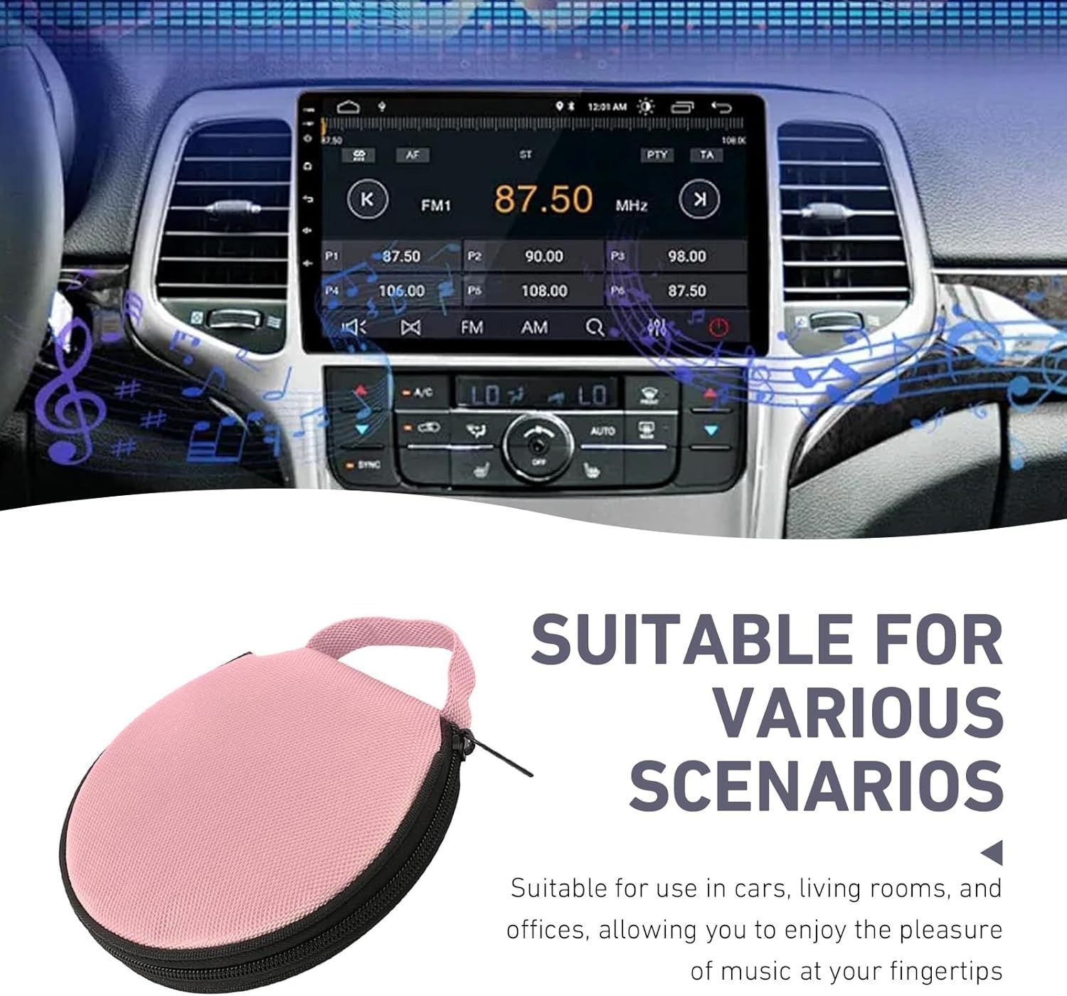 Car CD Case, 20-capacity Oxford Fabric Round Disc Organizer with Reinforced Handle, Waterproof DVD Storage Bag with Transparent Sleeves, Universal Portable CD Organizer for Car Home (Pink)
