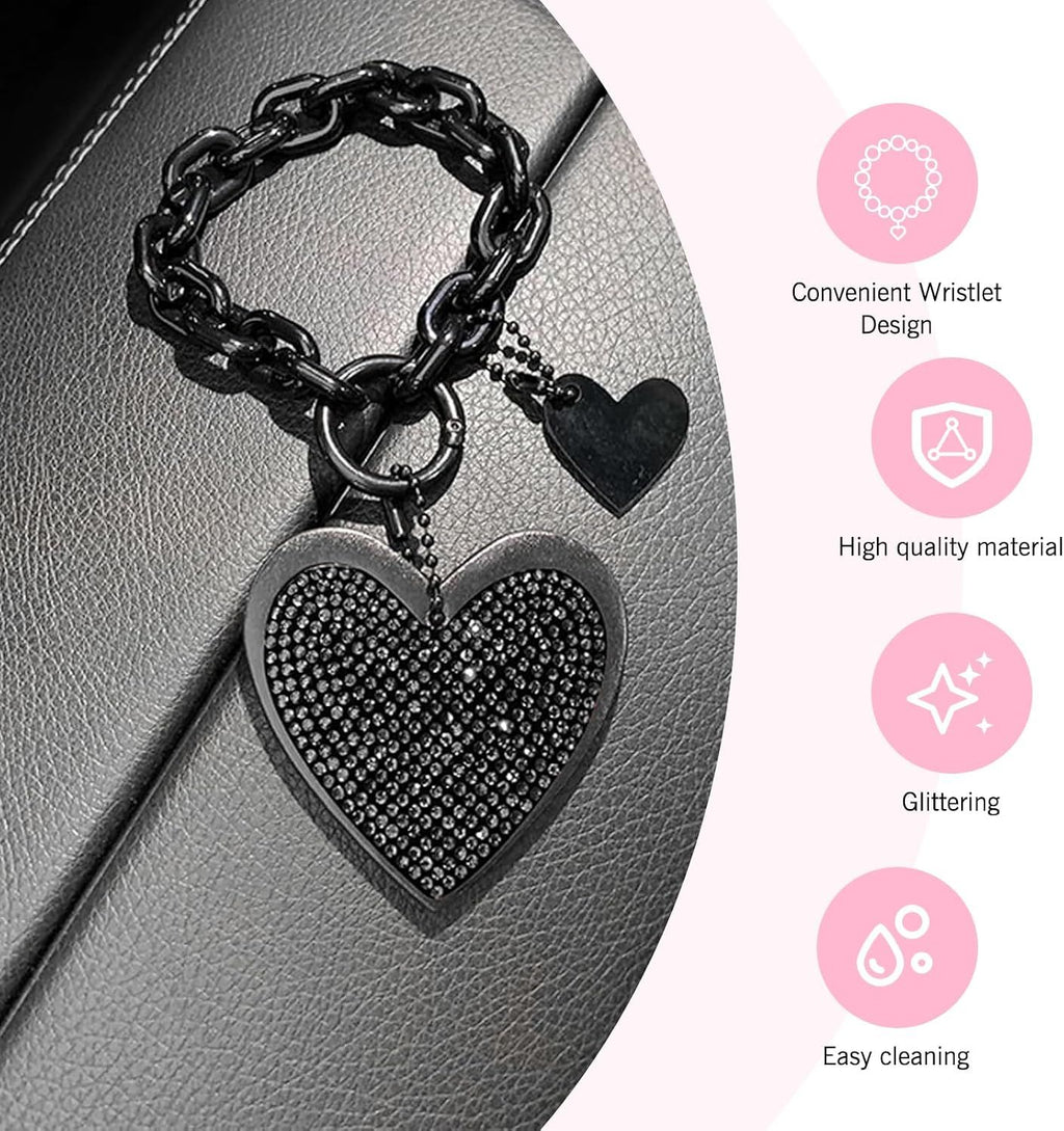 Car Keychain, Heart Key Wristlet Chain, Bling Rhinestone Charm for Handbag Purse Backpack, for Women Girl (Black)